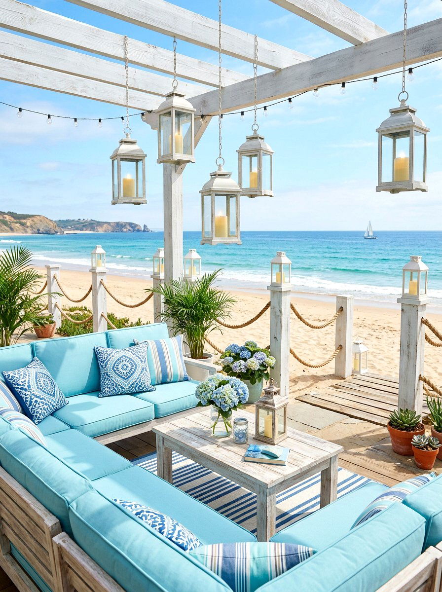 Coastal white lanterns blue accents - 30 candle lantern patio styling ideas