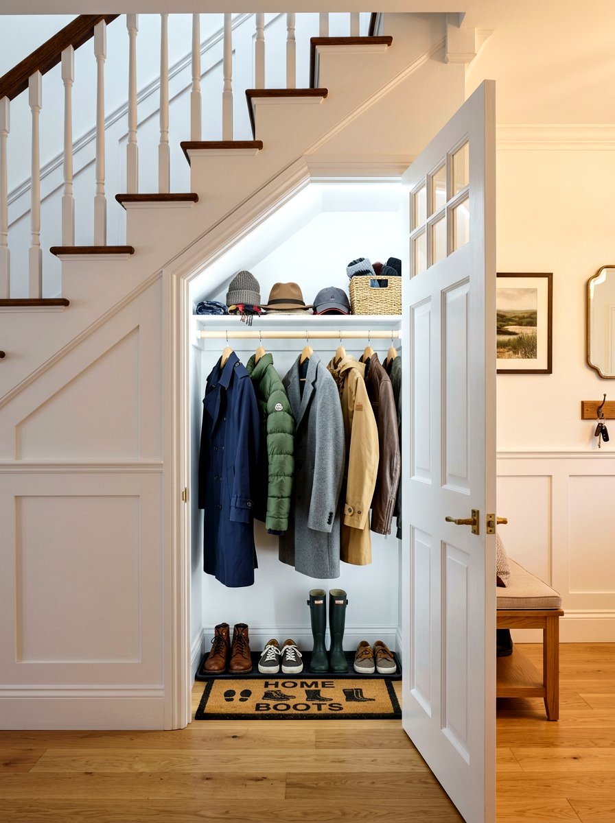Coat closet under stairs - 30 stair nook decor ideas