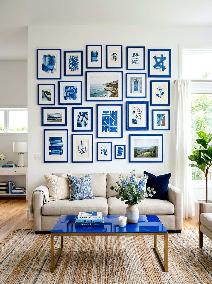 Cobalt Blue Gallery Wall - 30 cobalt blue living room ideas
