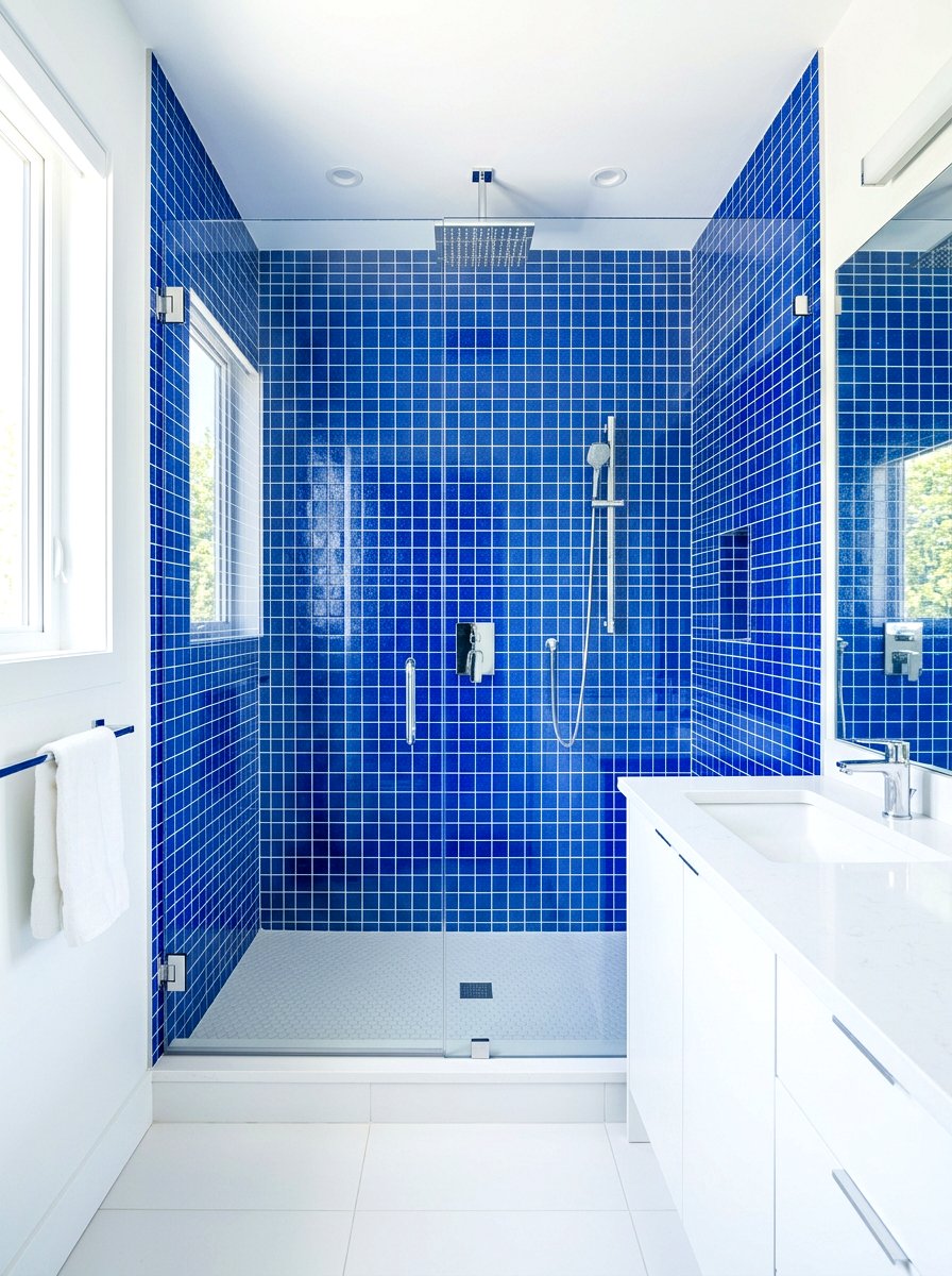 Cobalt Blue Glass Shower Tile - 30 colorful bathroom tile ideas