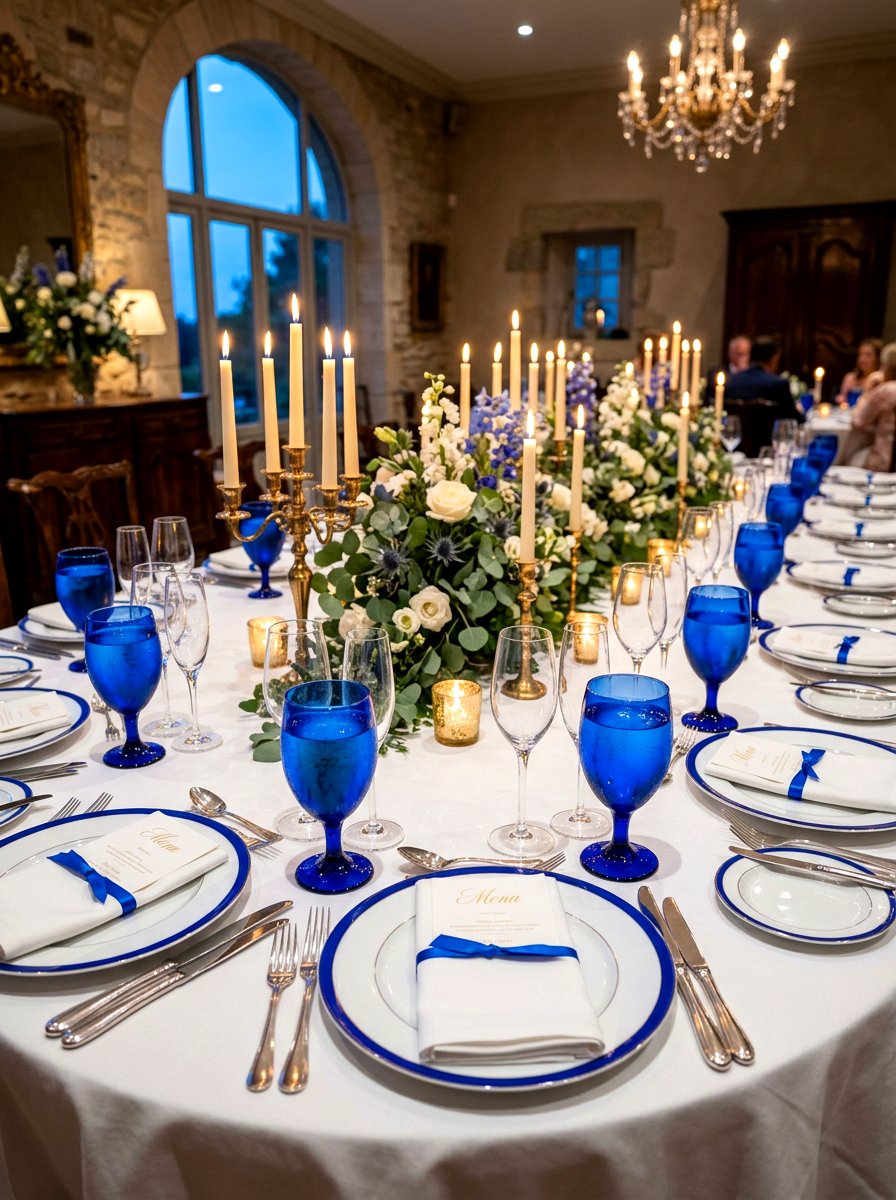 Cobalt Blue Glassware Table - 30 blue and white table decor ideas