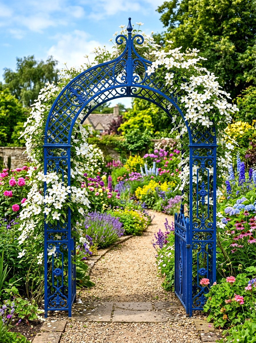 Cobalt Blue Metal Archway - 30 climbing archway ideas