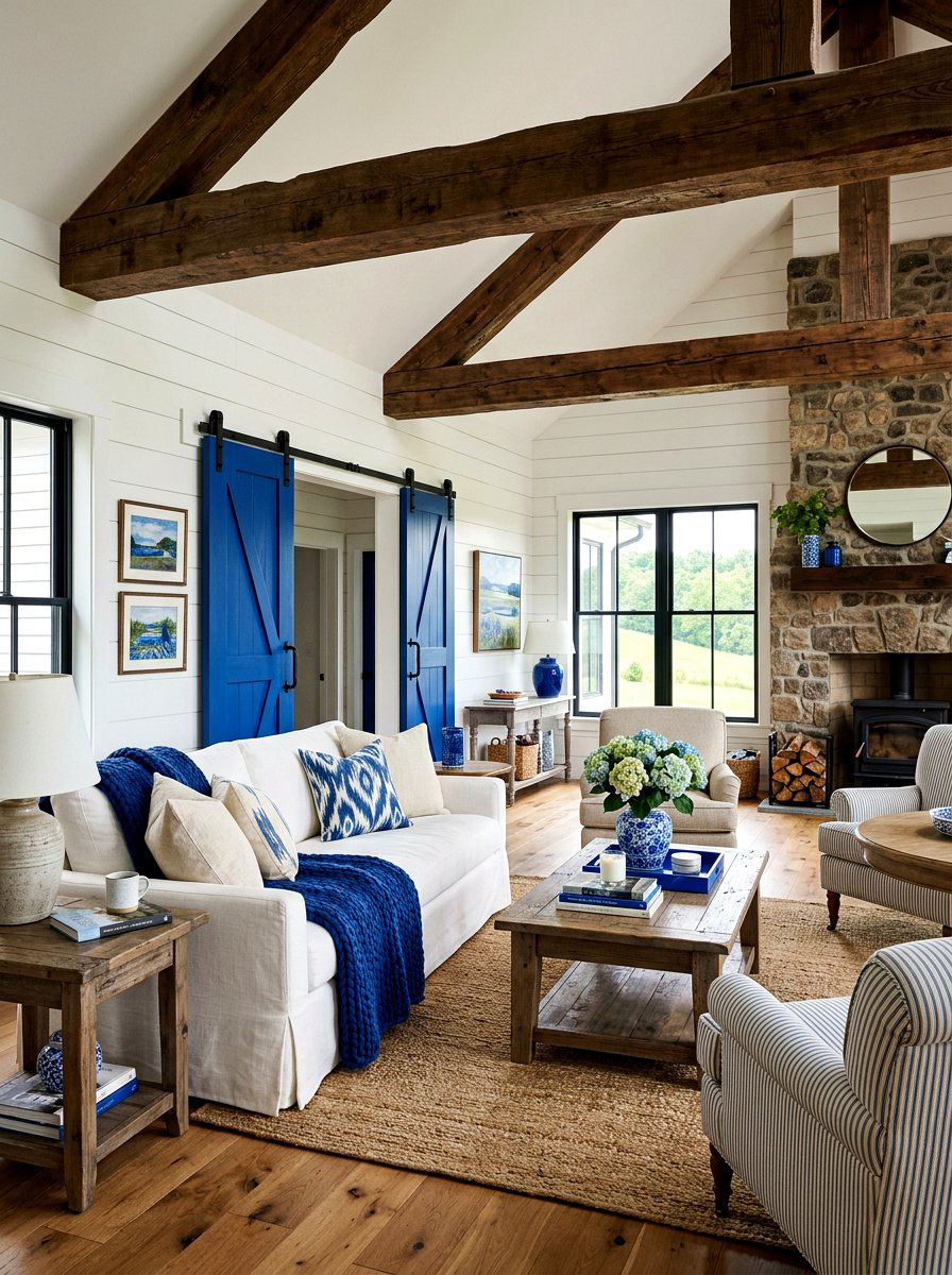 Cobalt Blue Modern Farmhouse - 30 cobalt blue living room ideas