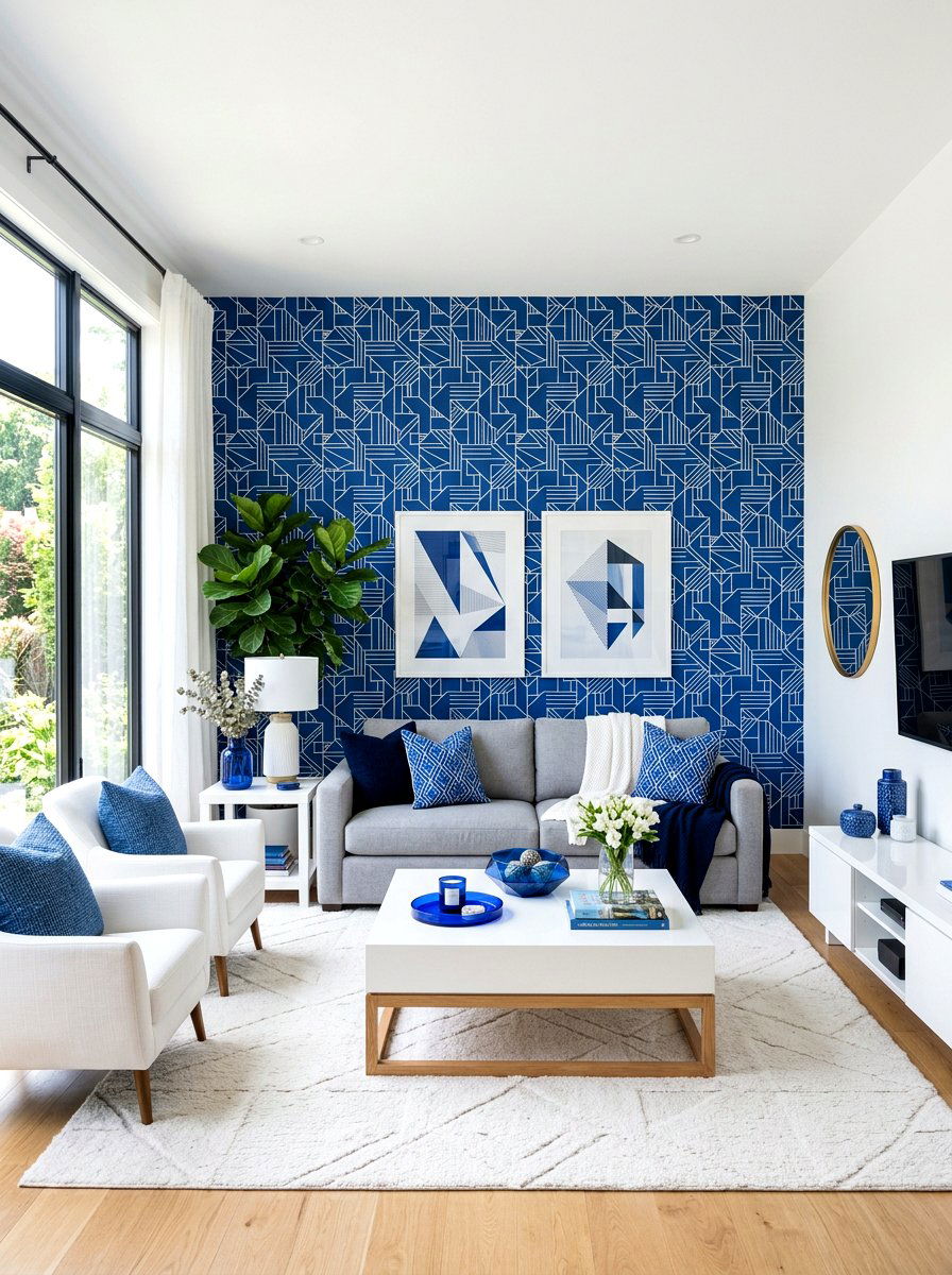 Cobalt Blue Patterned Wallpaper - 30 cobalt blue living room ideas