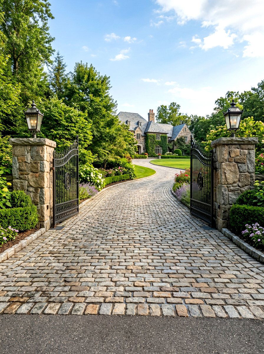 Cobblestone Driveway Entrance - 30 driveway landscaping ideas