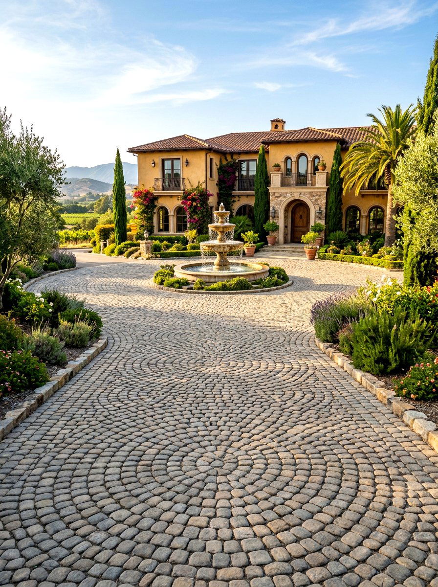 Cobblestone Entry Drive - 30 Mediterranean house exterior ideas