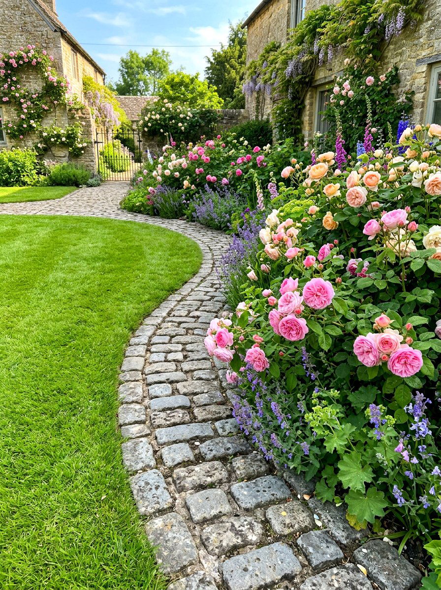 Cobblestone Garden Bed Border - 30 flower bed border ideas