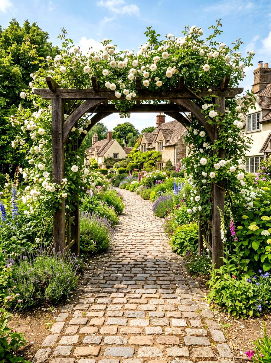 Cobblestone Path Rose Arbor - 30 cottage rose arbor ideas