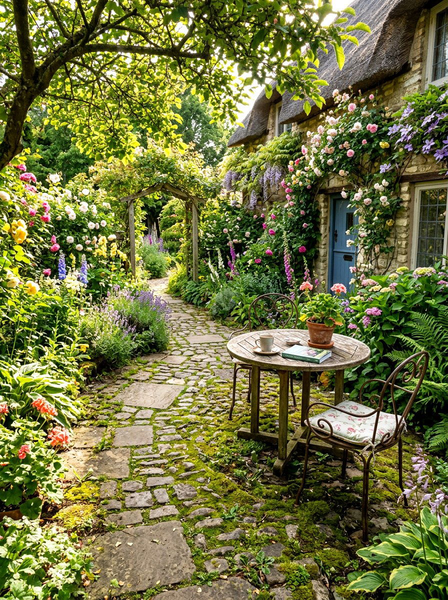 Cobblestone Patio Cottage Garden - 30 cottage garden ideas