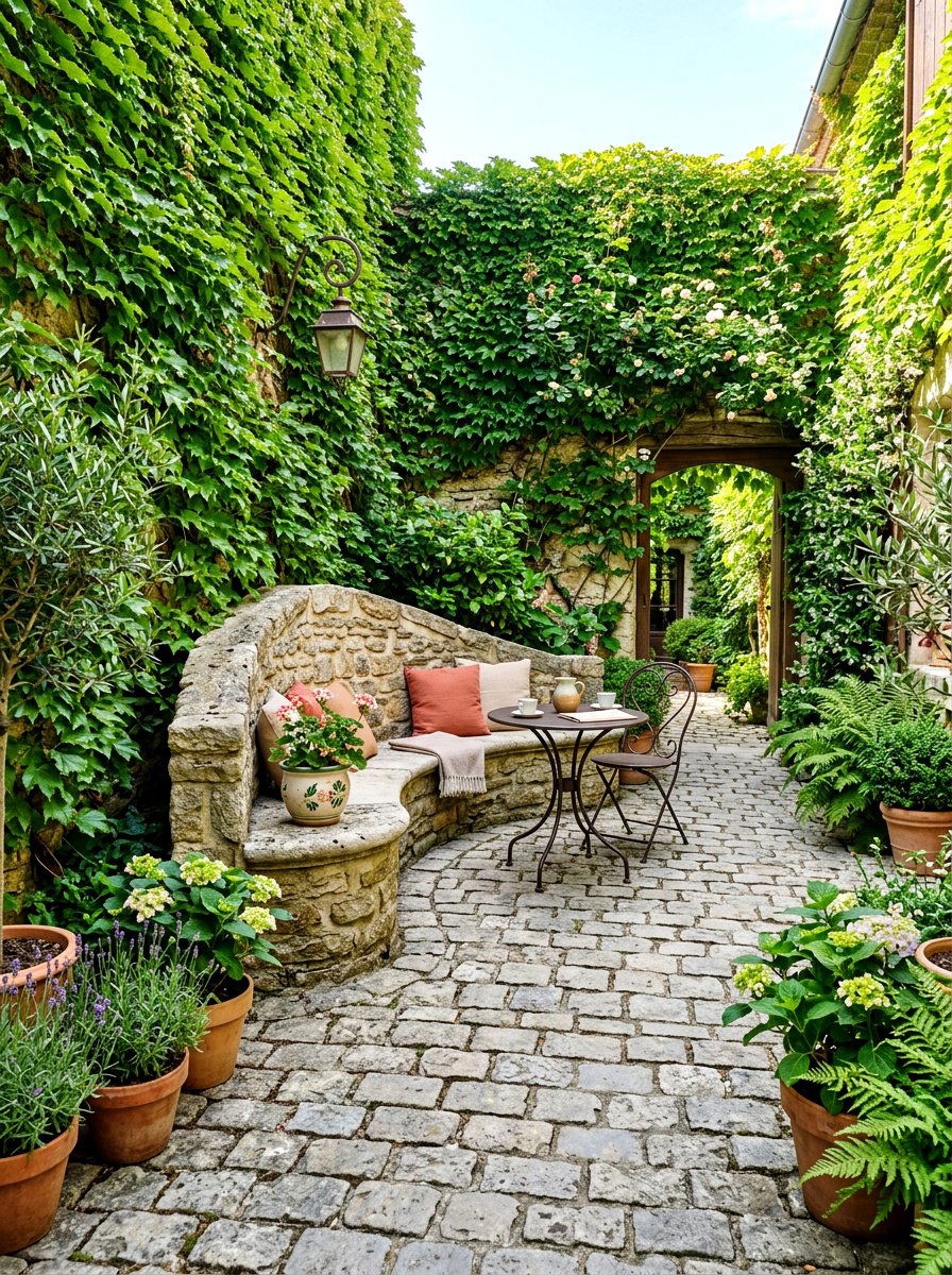 Cobblestone Patio With Curved Bench - 30 curved bench garden ideas