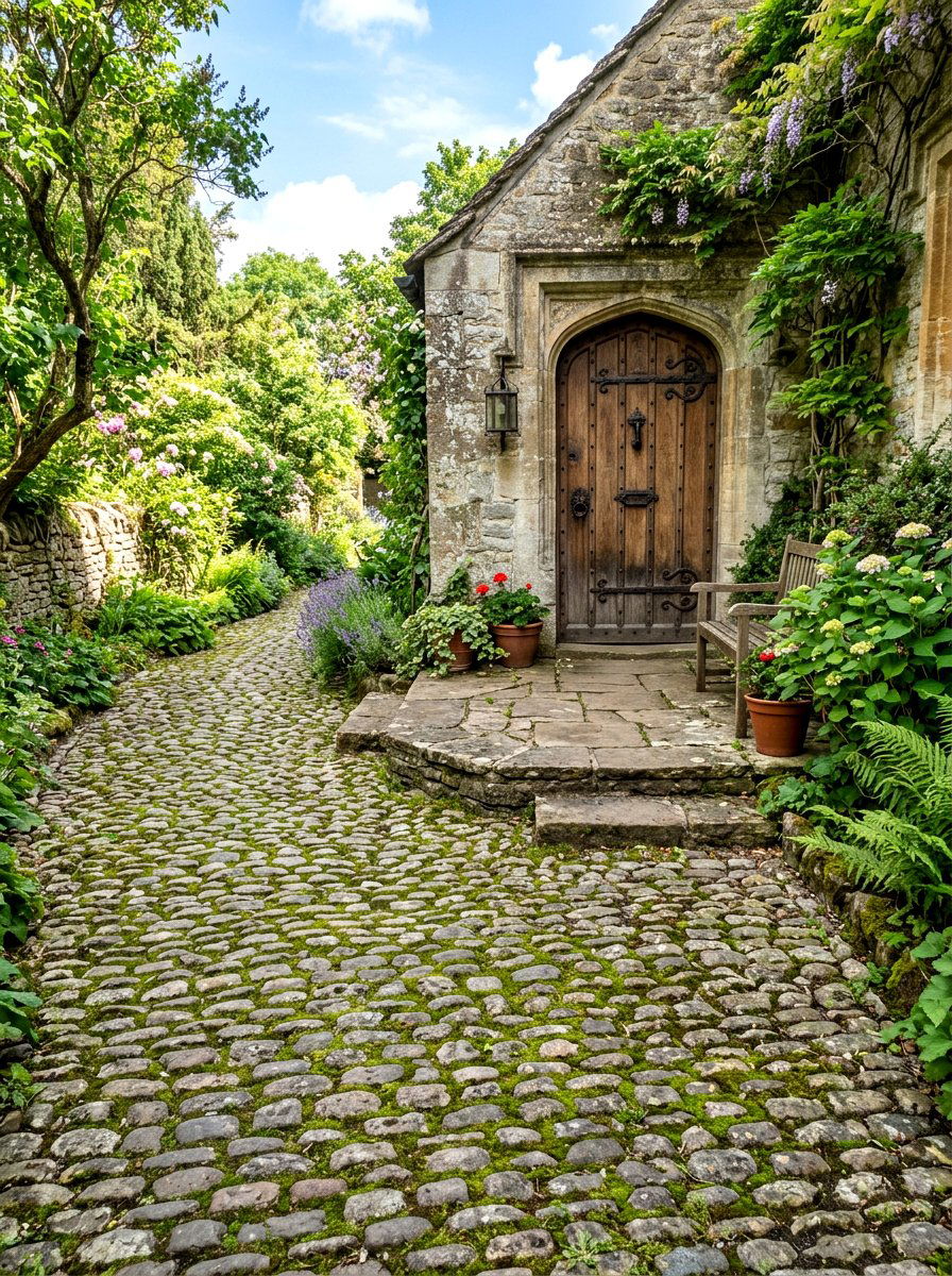 Cobblestone Porch Path - 30 English cottage front porch ideas
