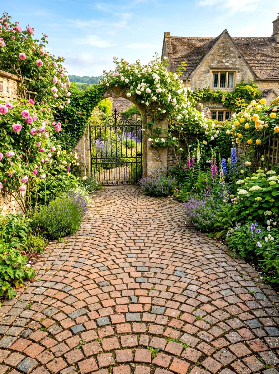 Cobblestone Style Brick Path - 30 brick walkway ideas