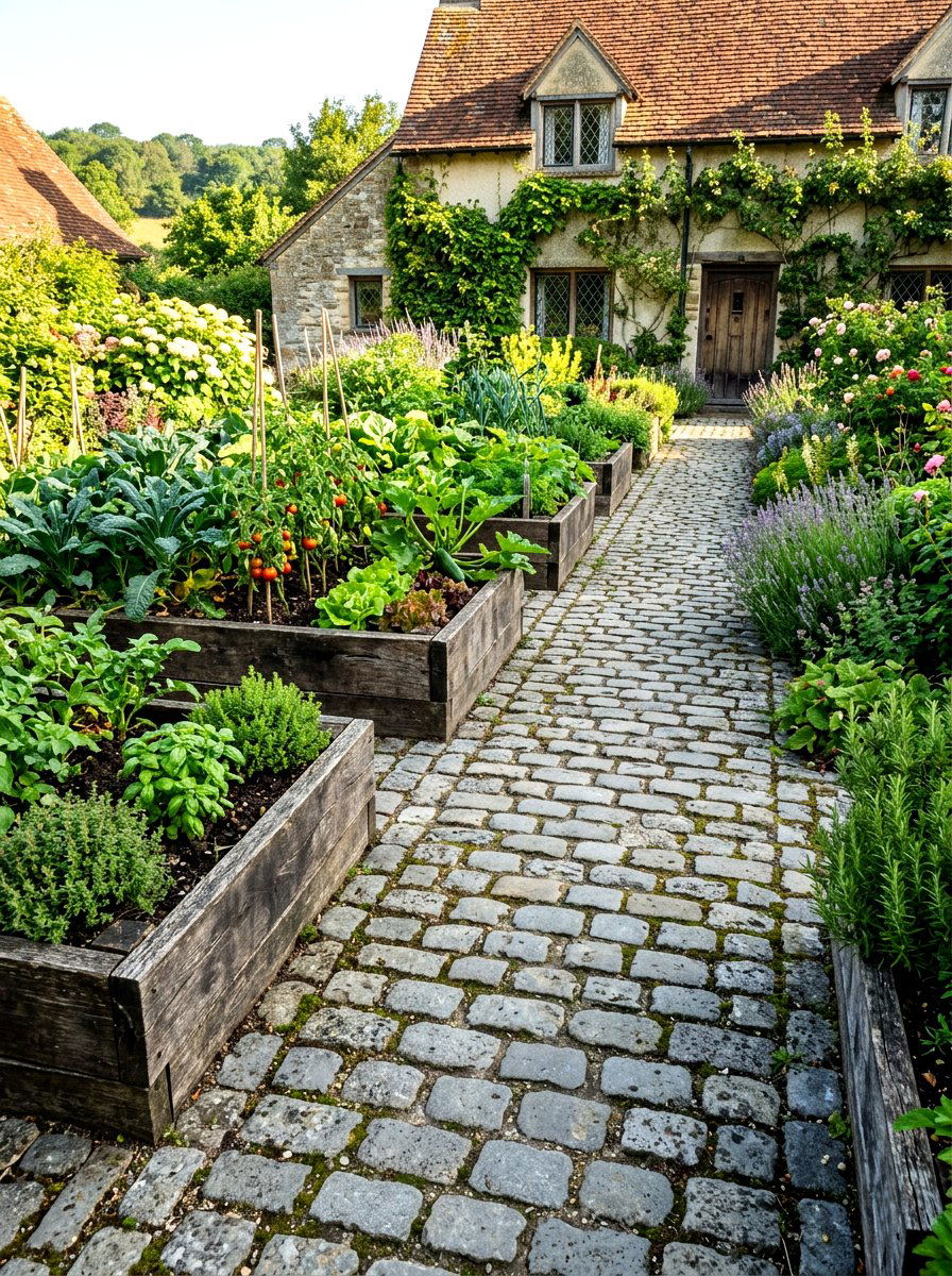 Cobblestone Walkway - 30 vegetable garden path ideas