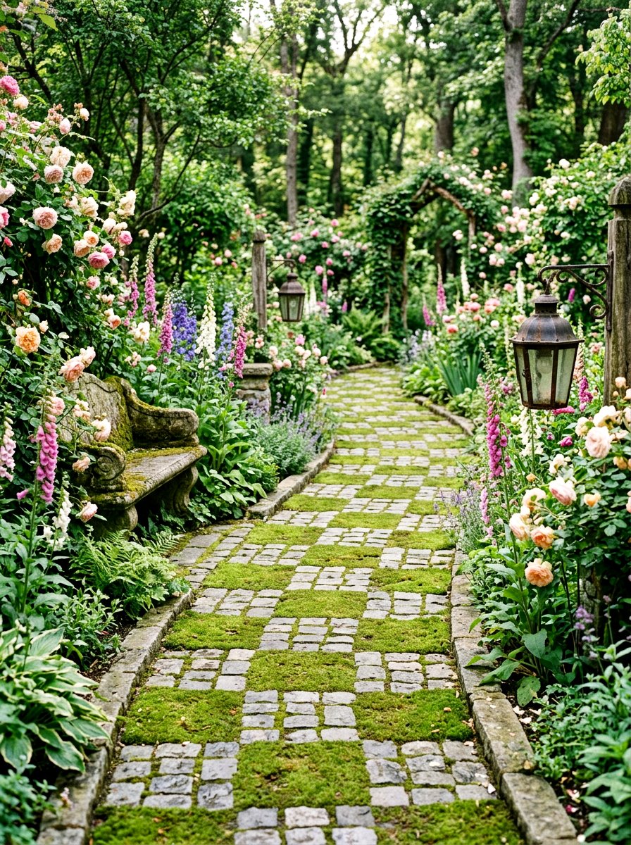 Cobblestone and moss checkerboard - 30 checkerboard patio paver ideas