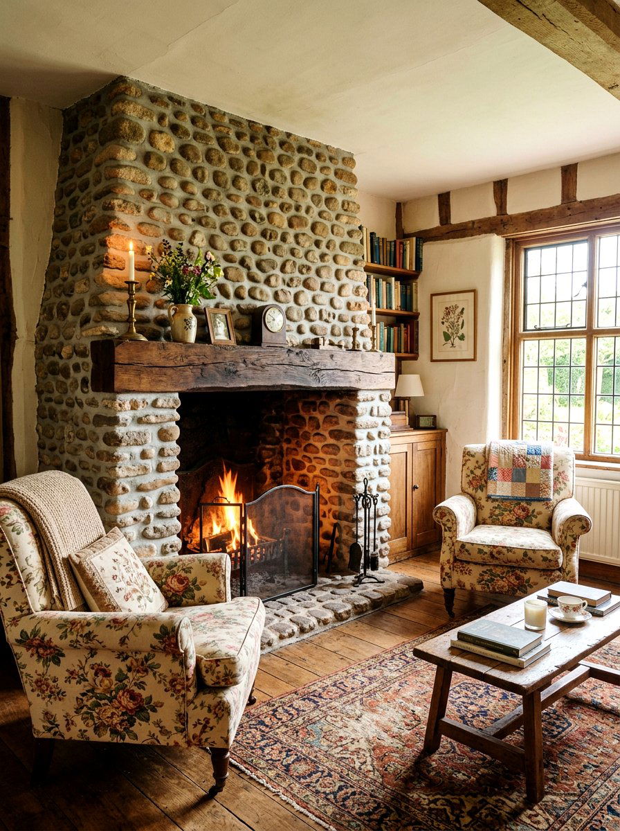 Cobblestone fireplace - 30 stone fireplace ideas