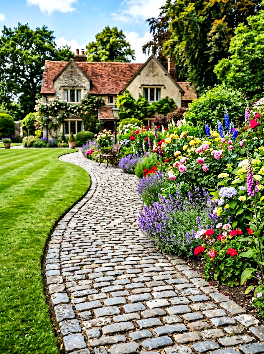 Cobblestone garden border - 30 garden rock ideas
