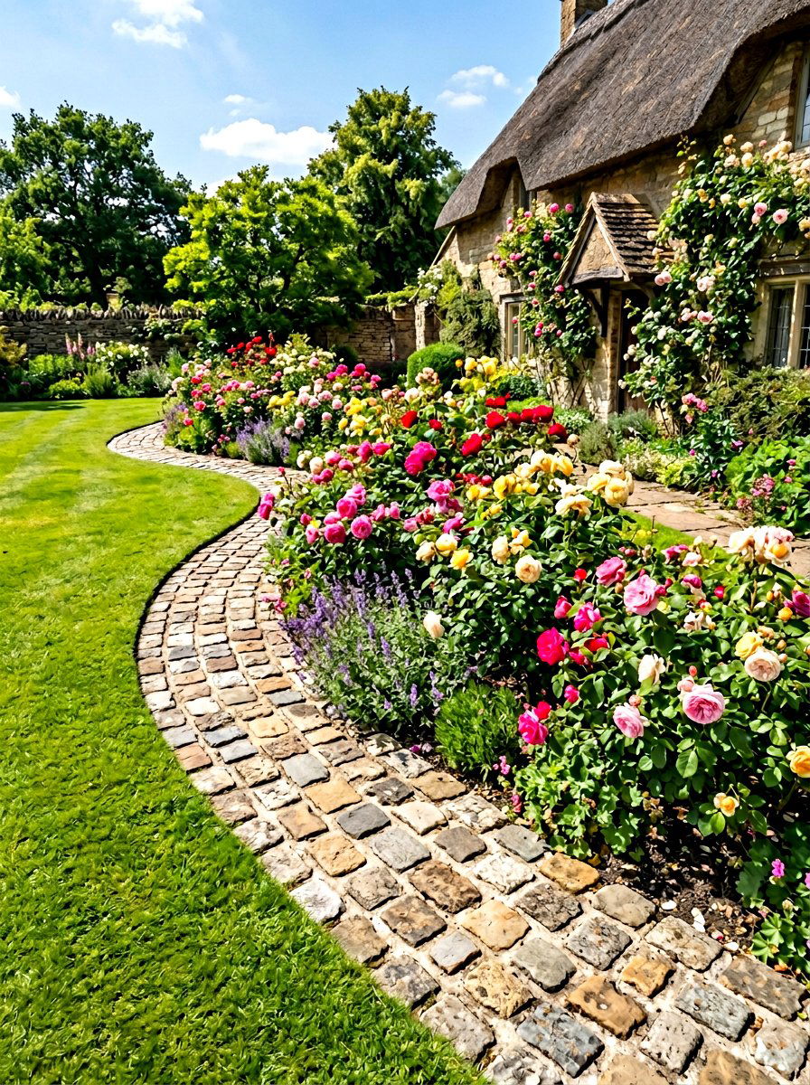 Cobblestone lawn edging - 30 paver garden border ideas