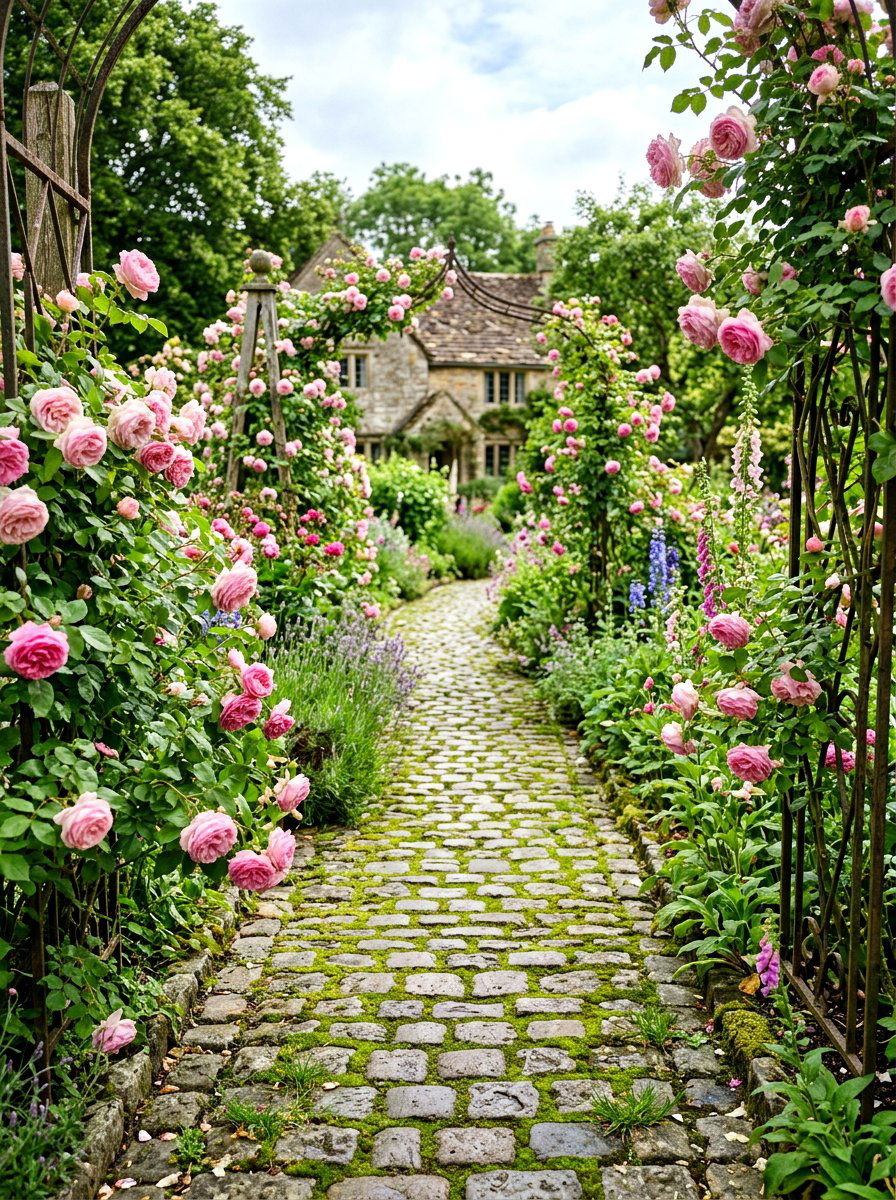 Cobblestone rose path - 30 rose garden walkway ideas