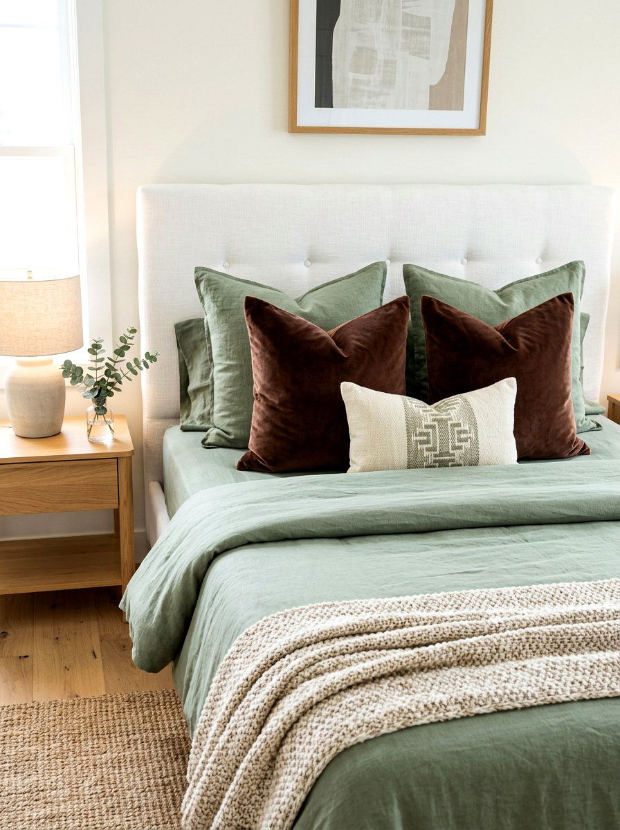 Cocoa brown pillows sage bed - 30 sage and cocoa bedroom ideas
