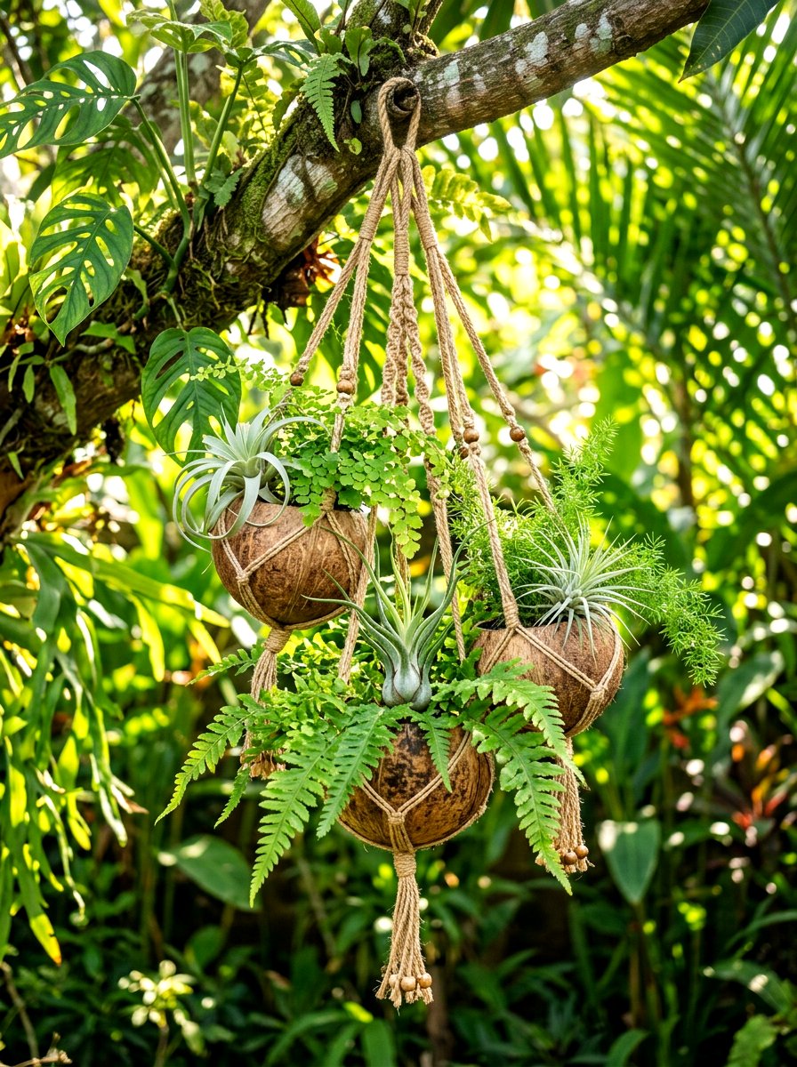 Coconut shell basket - 30 hanging container garden ideas