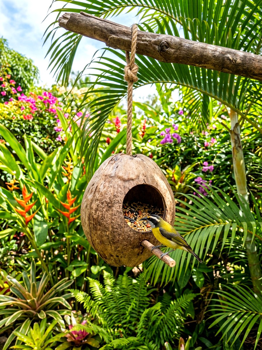 Coconut shell bird feeder - 30 bird feeder garden ideas