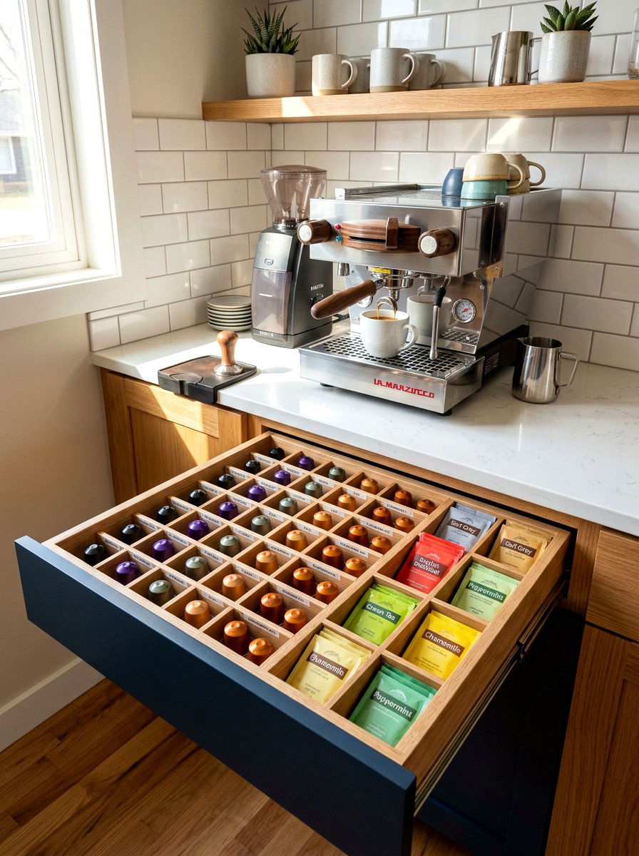 Coffee Bar Pod Storage - 30 beverage drawer ideas