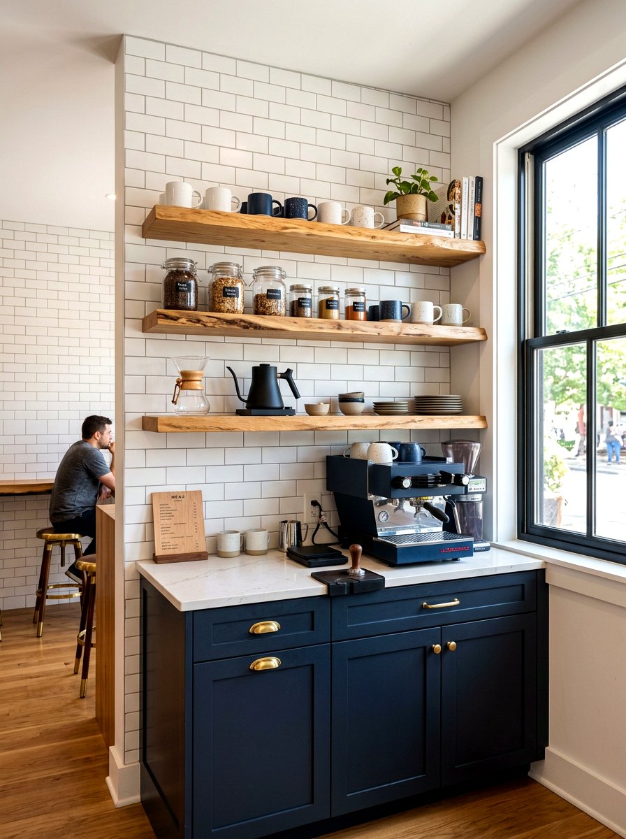 Coffee Bar With Floating Shelves - 30 built in breakfast station ideas