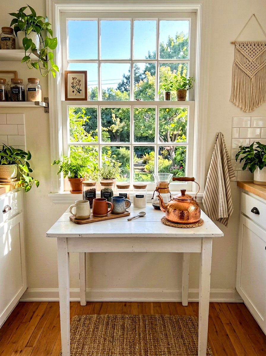 Coffee Nook With Copper Tea Kettle - 30 copper kitchen accent ideas