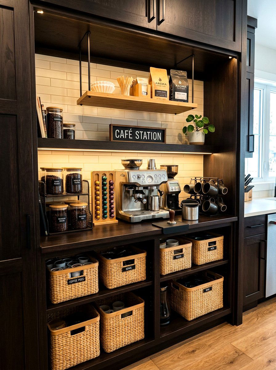 Coffee Station Baskets - 30 pantry basket organization ideas