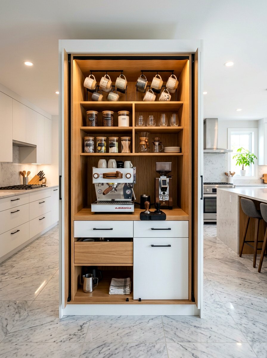 Coffee bar cabinet with sliding doors - 30 breakfast station cabinet ideas
