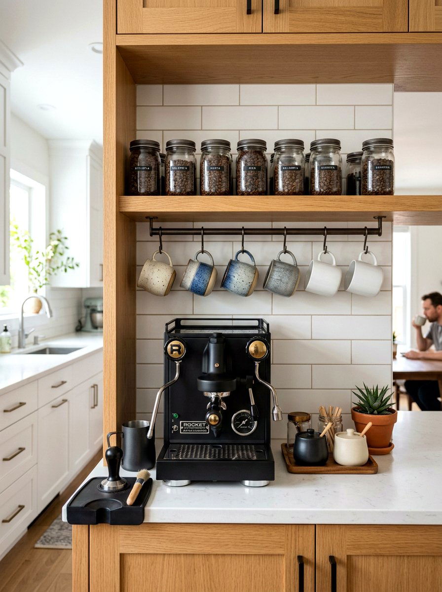 Coffee bar station - 30 open cabinet styling ideas