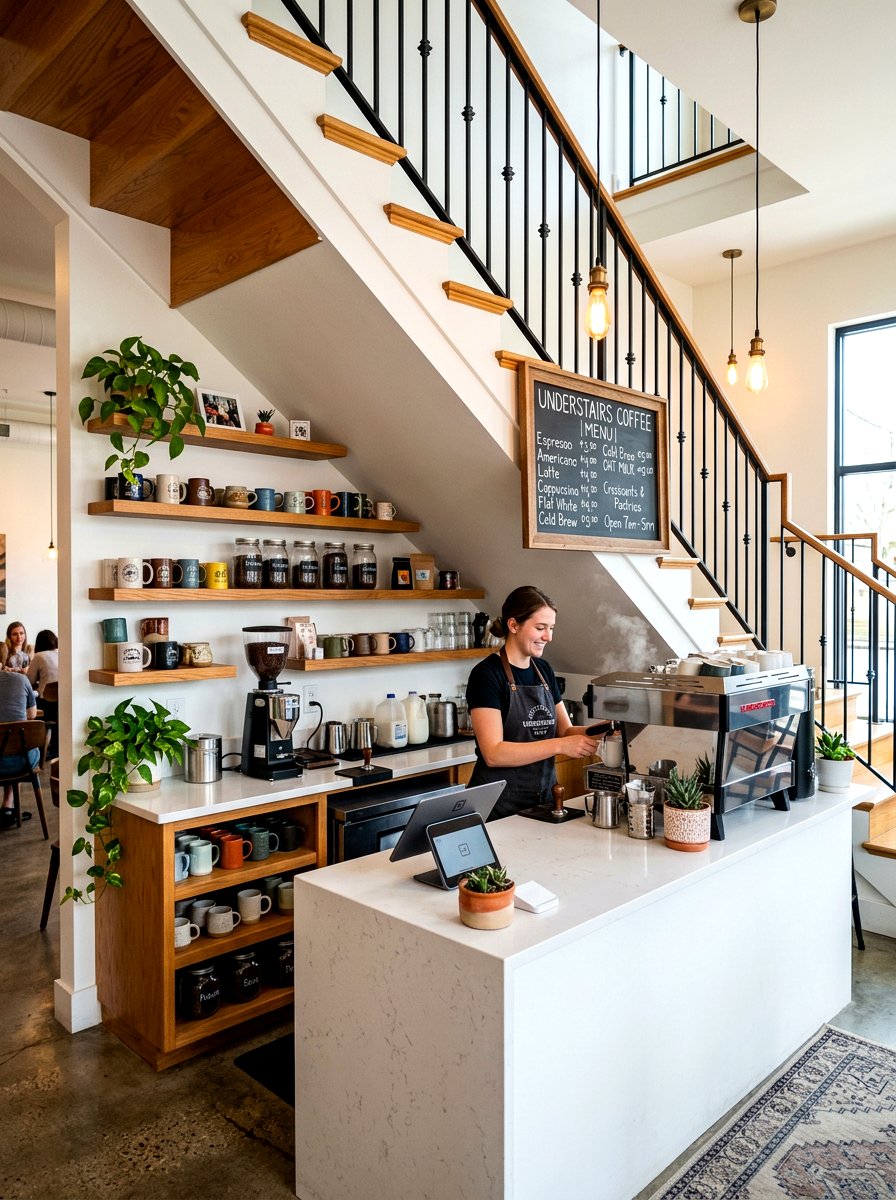 Coffee bar under stairs - 30 stair nook decor ideas