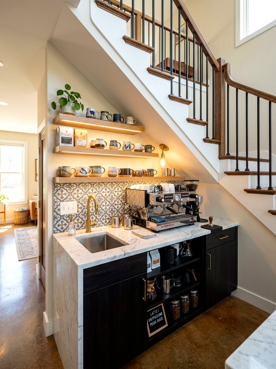 Coffee bar under stairs - 30 under stairs storage ideas