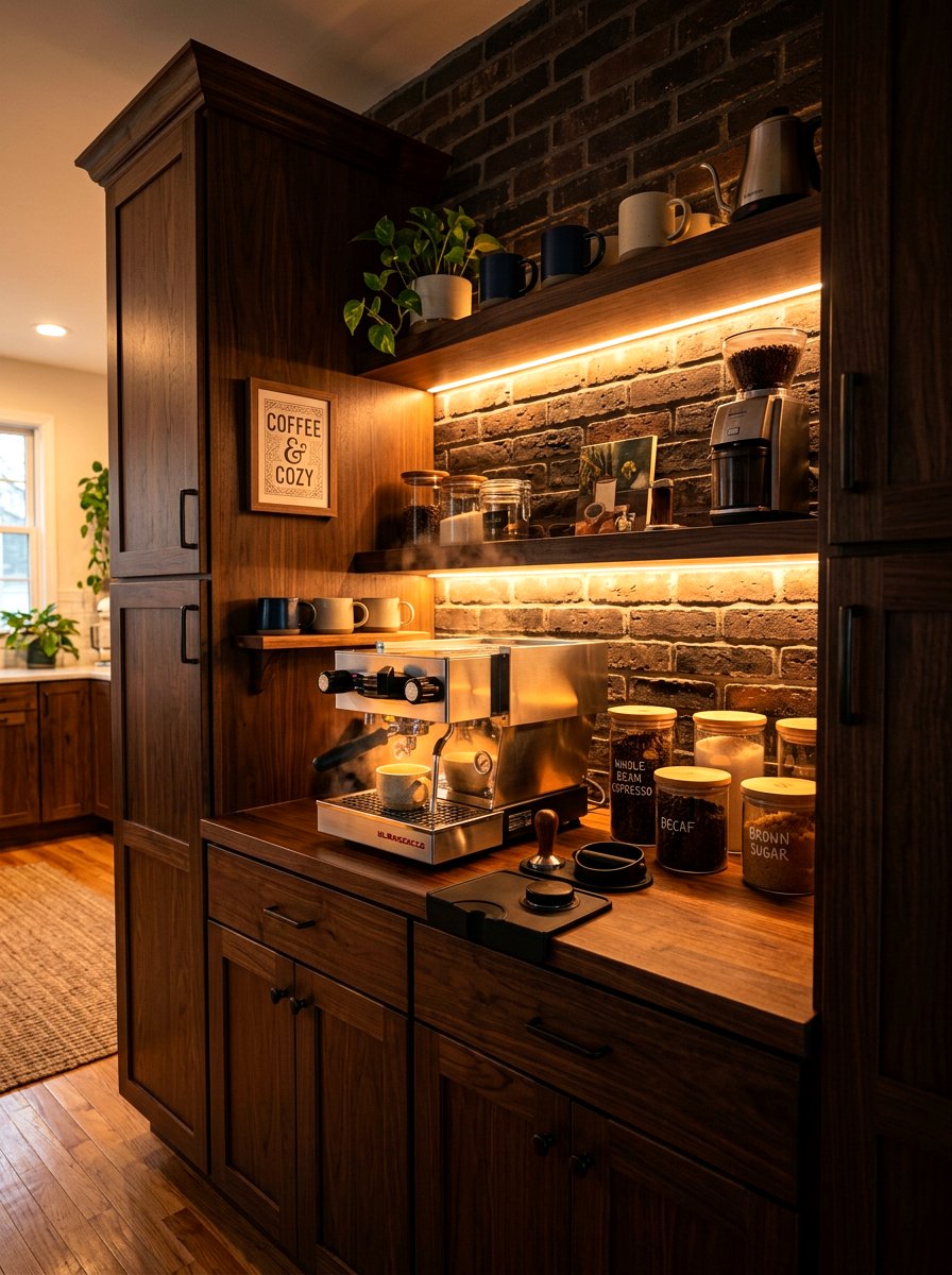 Coffee station cabinet lighting - 30 coffee pantry wall ideas