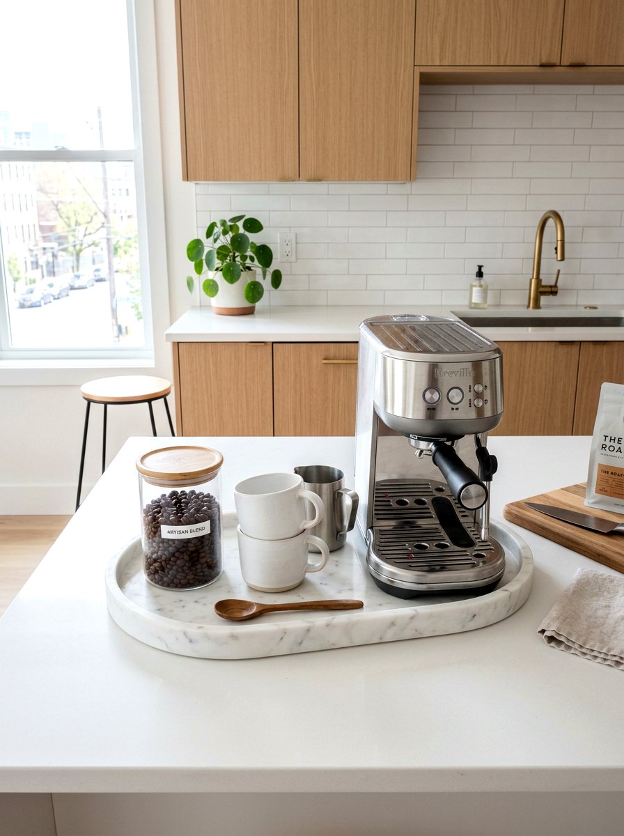 Coffee station countertop tray - 30 apartment kitchen storage ideas