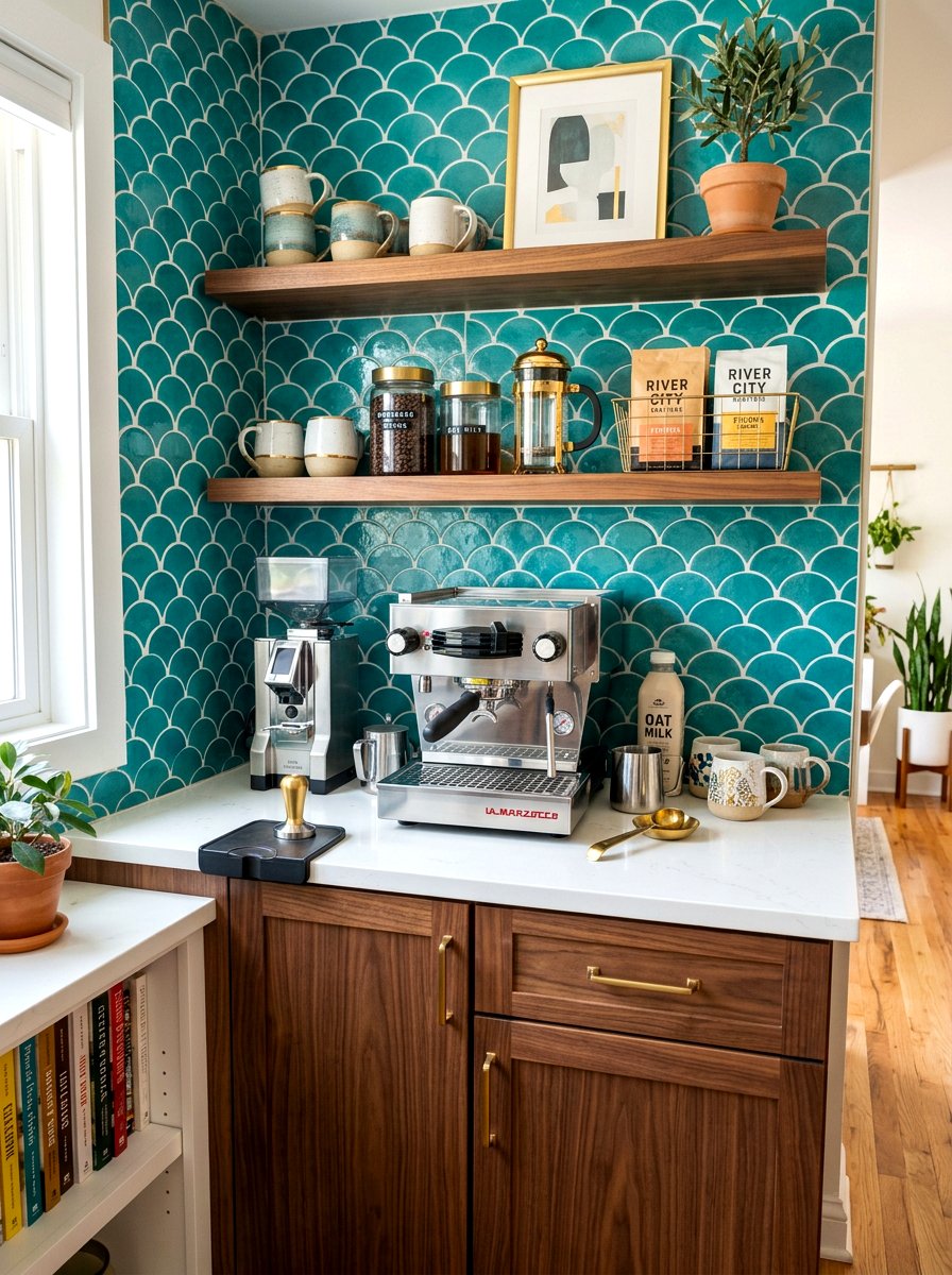 Coffee station tile backsplash - 30 coffee pantry wall ideas