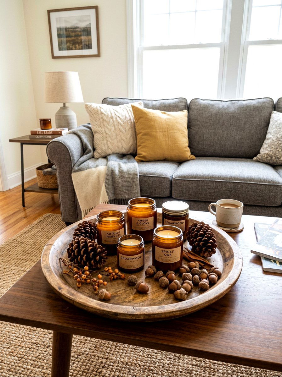 Coffee table tray with fall candles - 30 candle heavy fall decor ideas