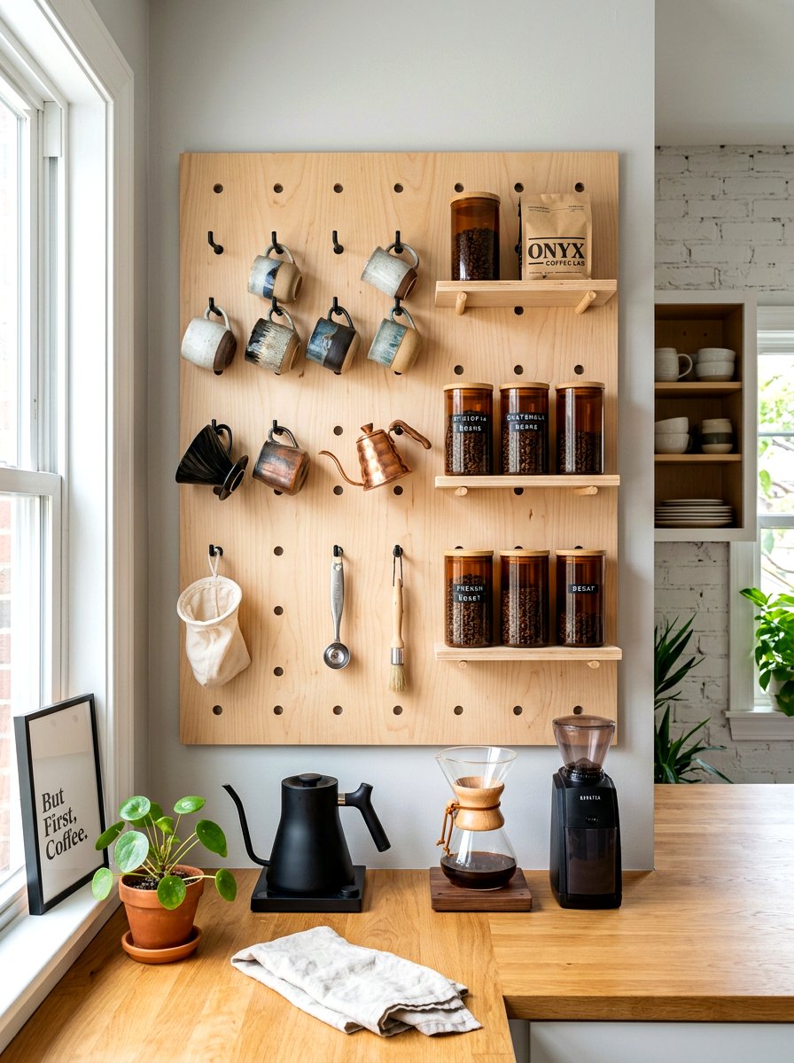 Coffee wall pegboard organizer - 30 coffee pantry wall ideas