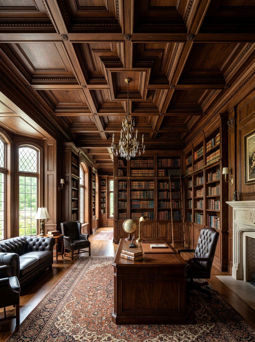 Coffered Ceiling Library Room - 30 classic office library ideas