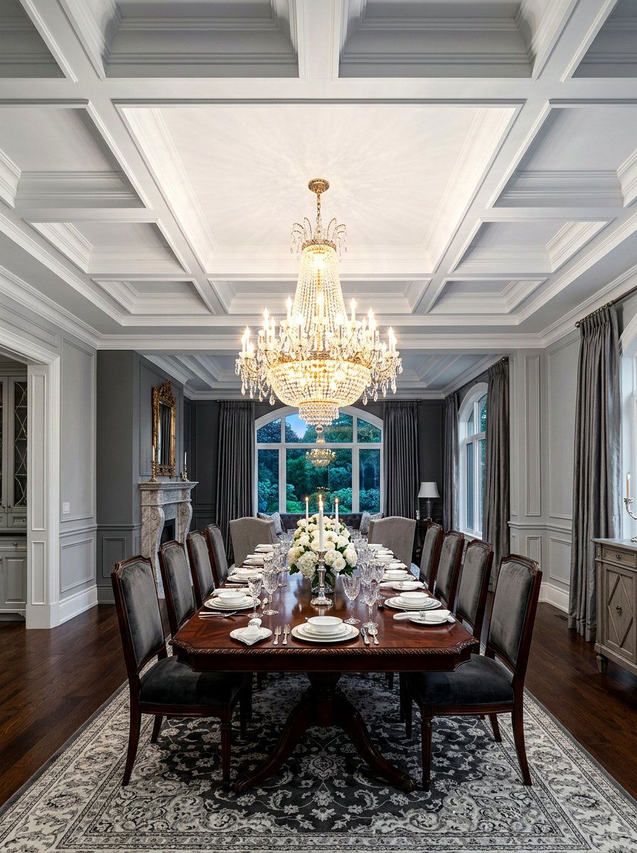 Coffered ceiling with crystal chandelier - 30 coffered ceiling ideas