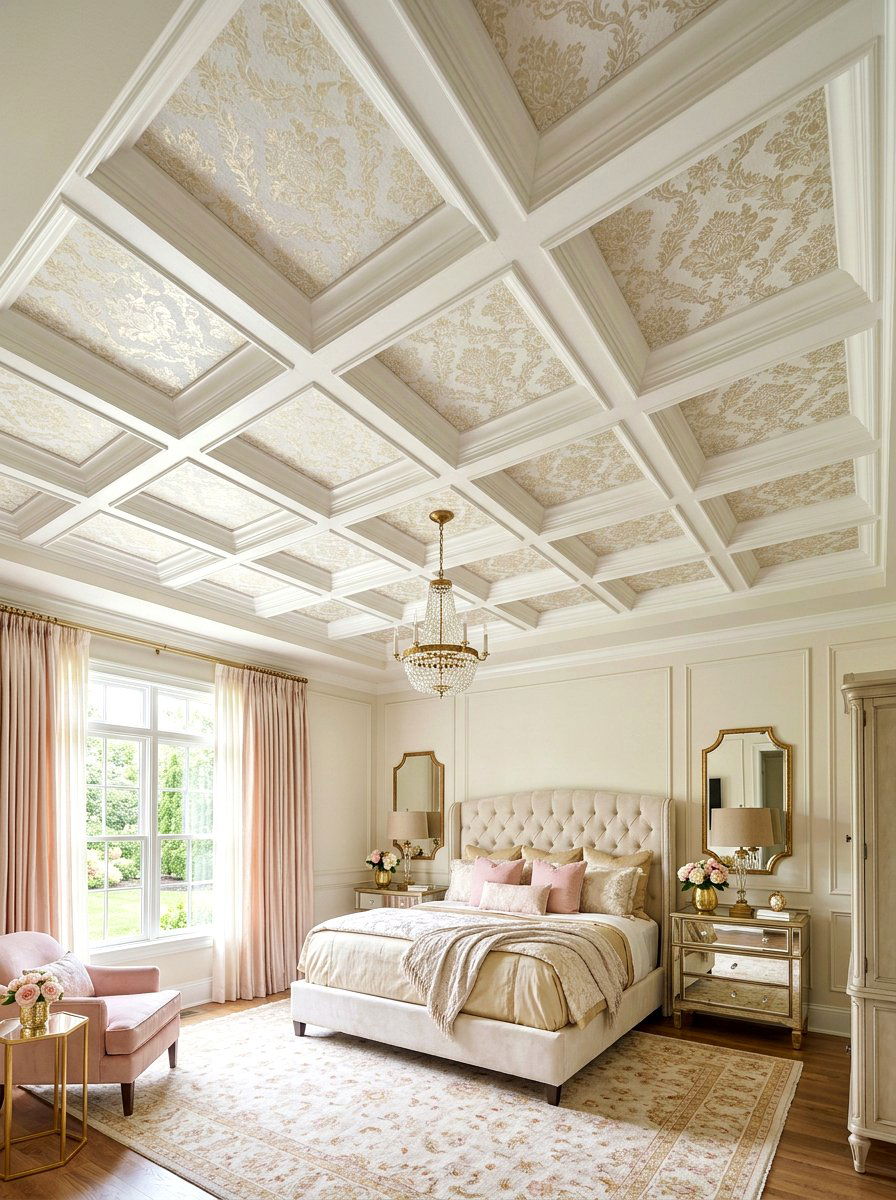 Coffered ceiling with wallpaper panels - 30 coffered ceiling ideas