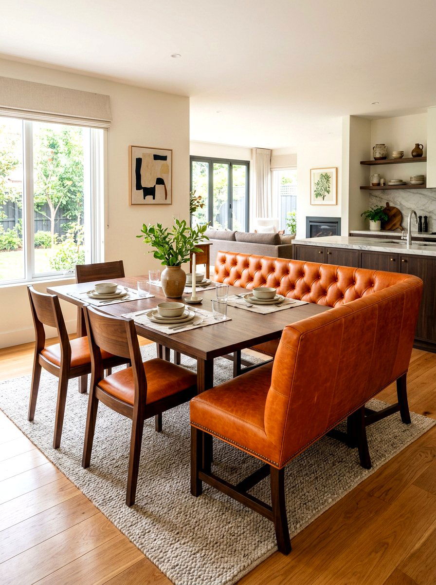 Cognac Leather Dining Room Bench - 30 brown dining room decor ideas