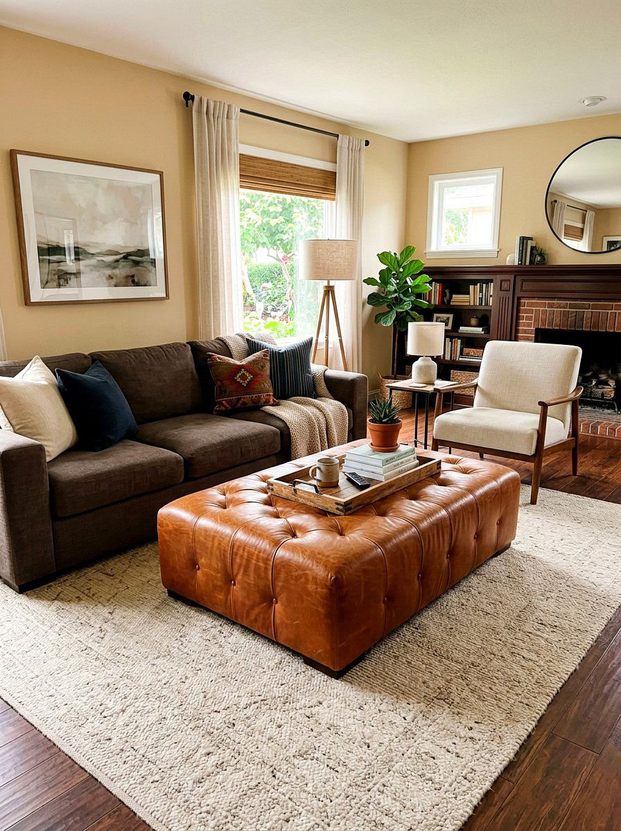 Cognac leather ottoman - 30 tonal brown living room ideas
