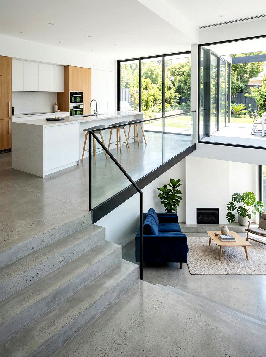 Cohesive flooring for multiple floor levels - 30 split level living room ideas