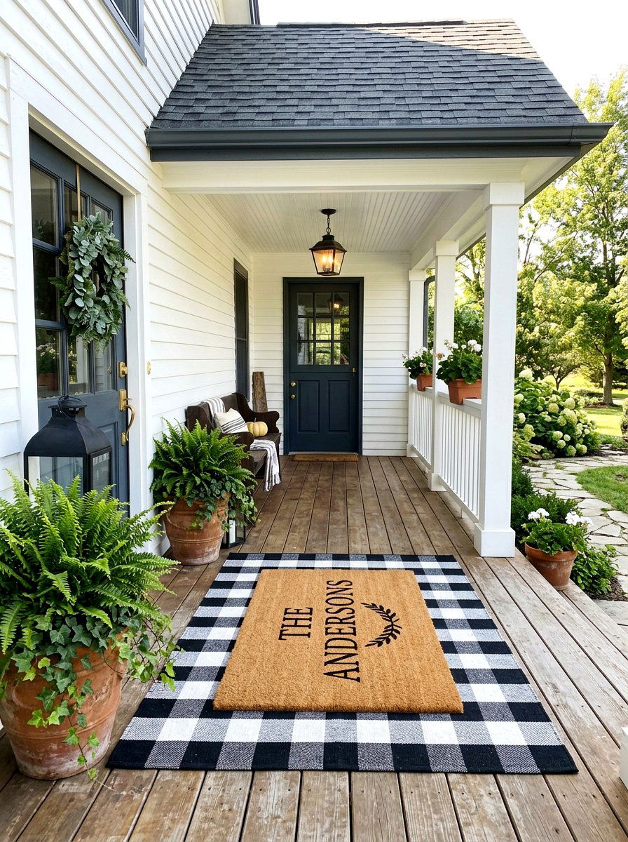 Coir Mat With Buffalo Check Rug - 30 entrance rug layering ideas