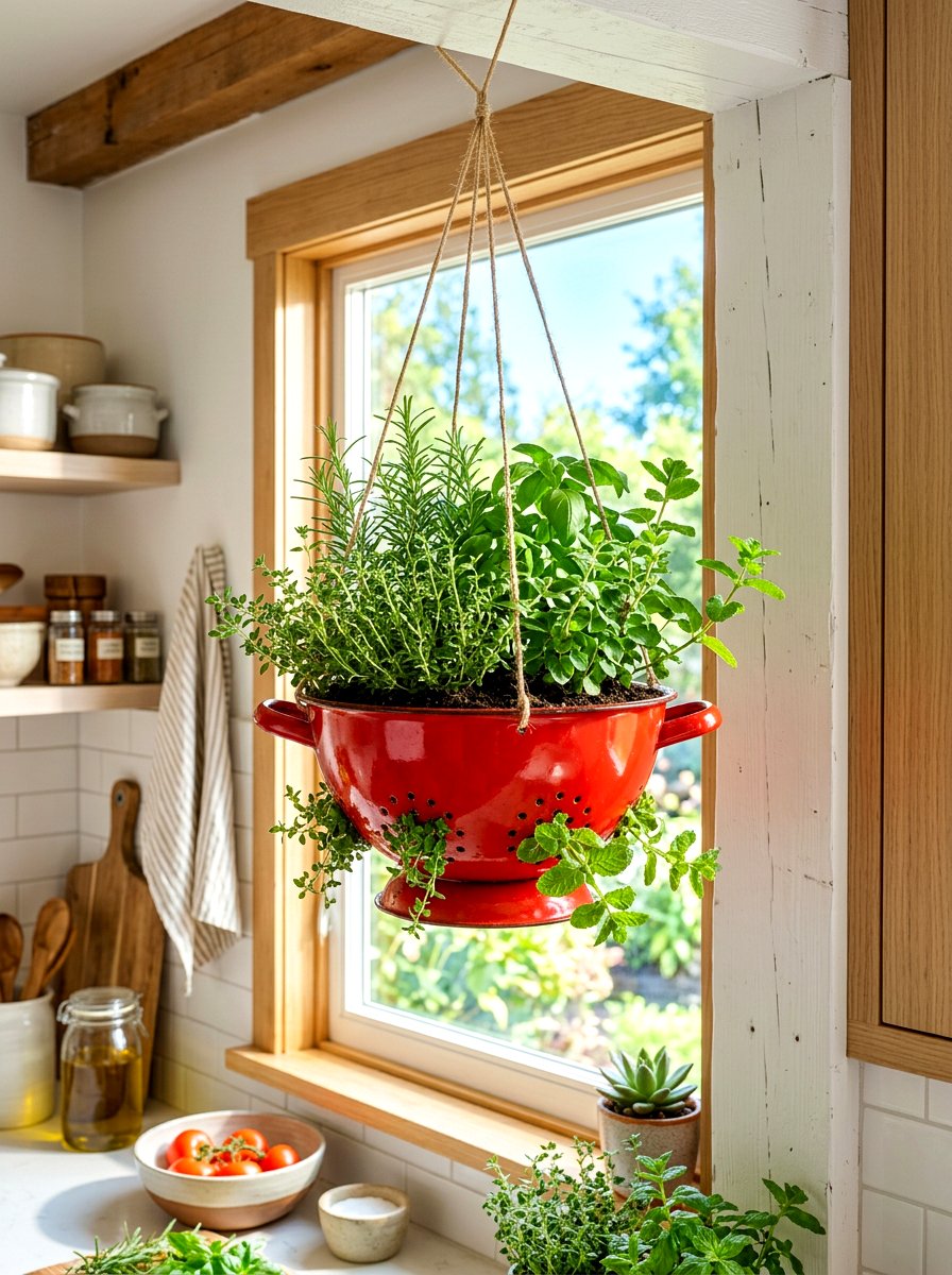 Colander Herb Planter - 30 container herb garden ideas
