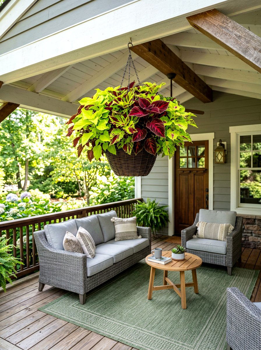 Coleus porch basket - 30 porch floral basket ideas