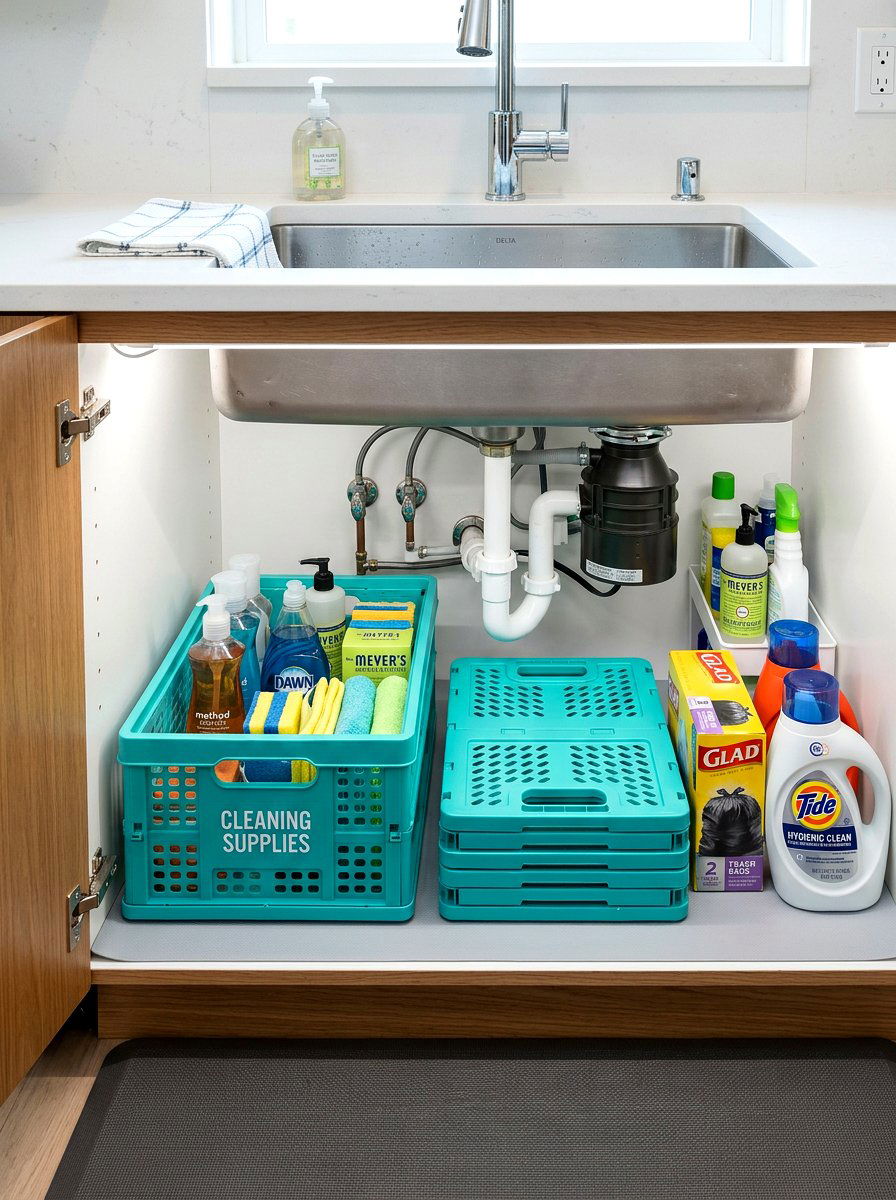 Collapsible Crate Storage Method - 30 under sink kitchen organization ideas