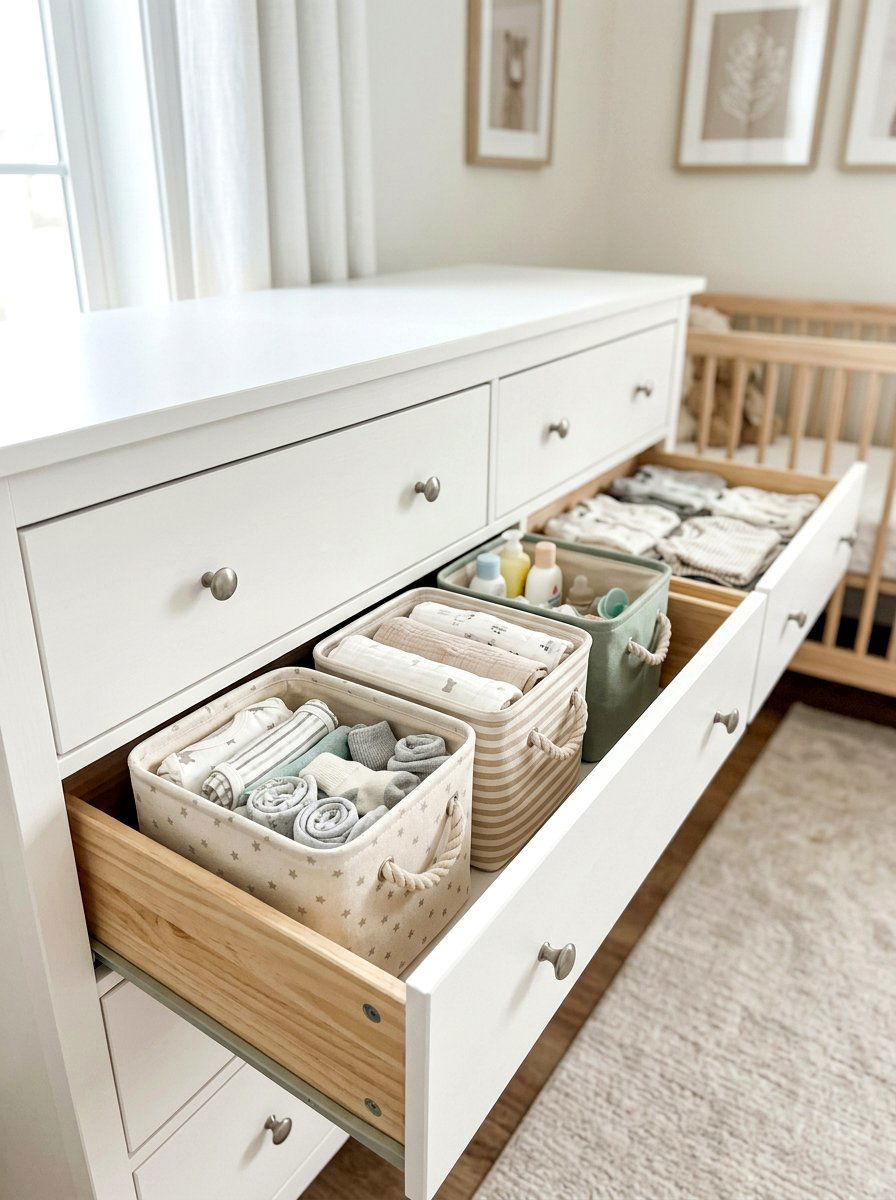 Collapsible fabric bins - 30 nursery dresser organization ideas