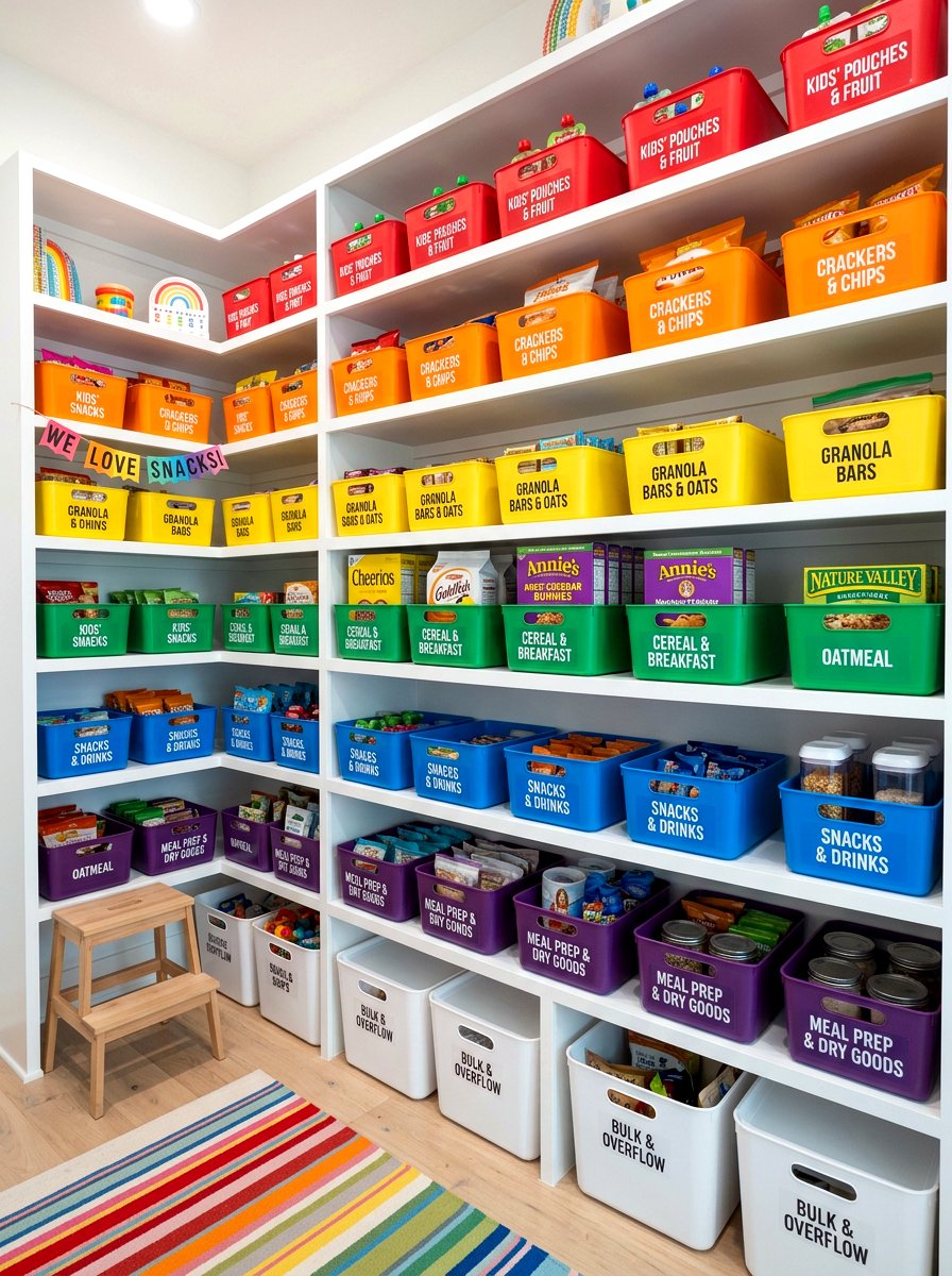 Color Coded Bins - 30 pantry basket organization ideas